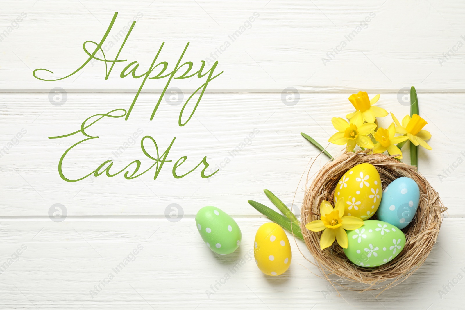 Image of Flat lay composition with text Happy Easter and colorful eggs on white wooden background