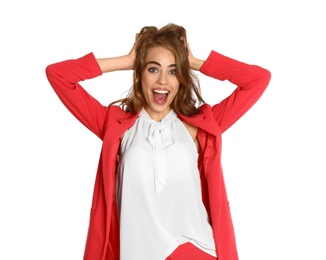 Portrait of young woman on white background