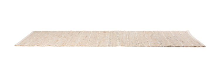 Photo of Stylish beige rug isolated on white. Interior accessory
