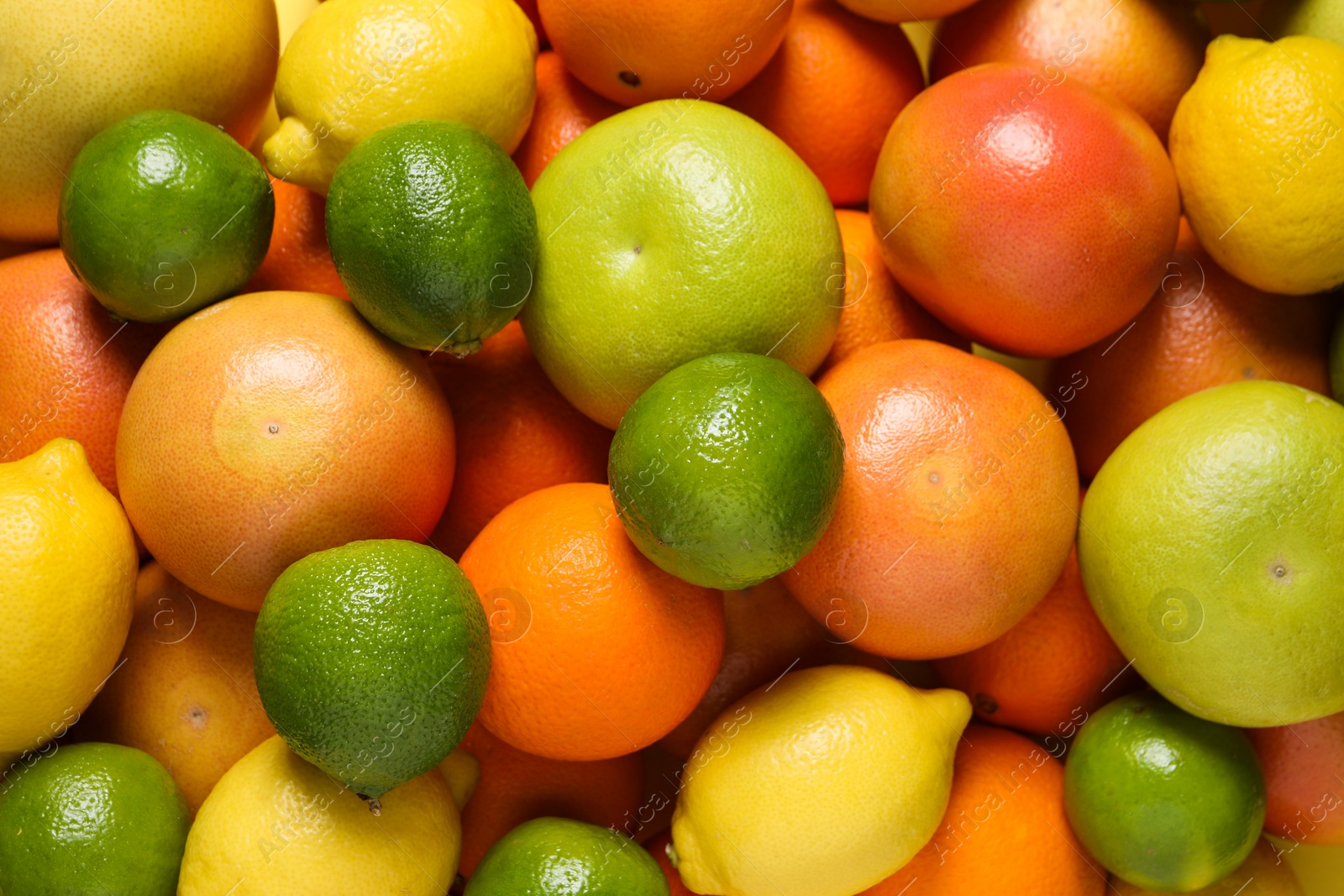 Photo of Different fresh citrus fruits as background, top view