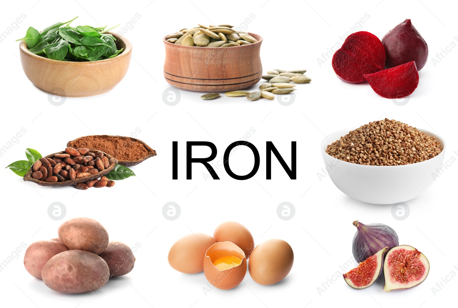 Image of Set with fresh products rich in iron on white background 