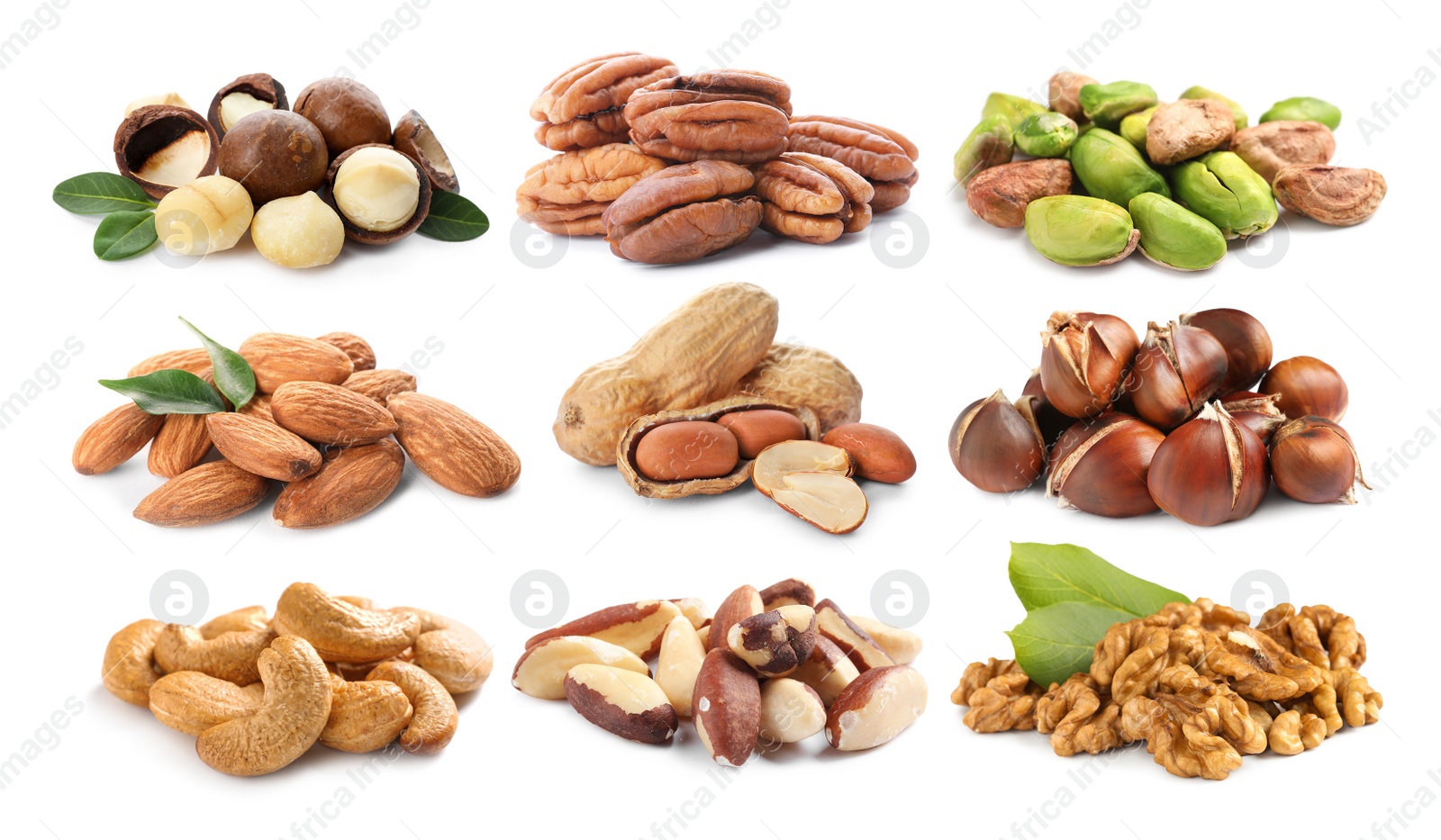 Image of Set with different tasty nuts on white background