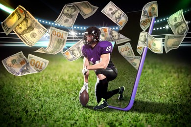 Image of Sports betting. American football player appearing from smartphone on field under money shower