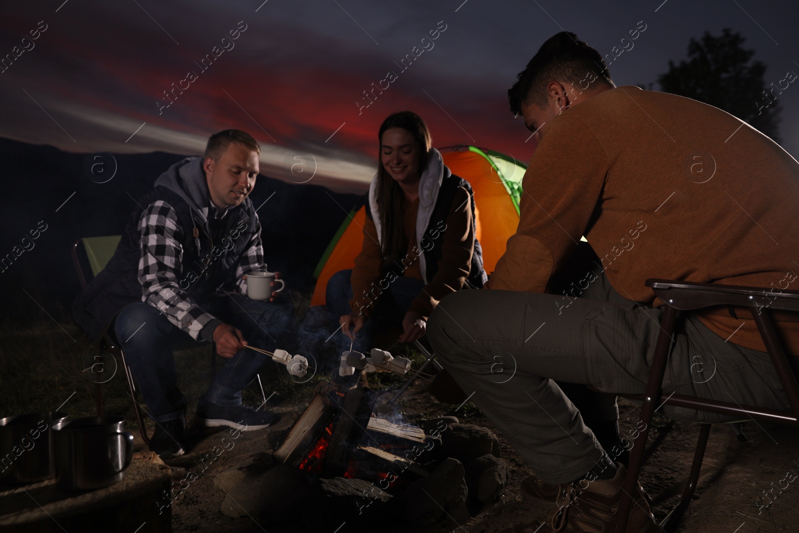 Photo of Group of friends roasting marshmallows on bonfire at camping site in evening