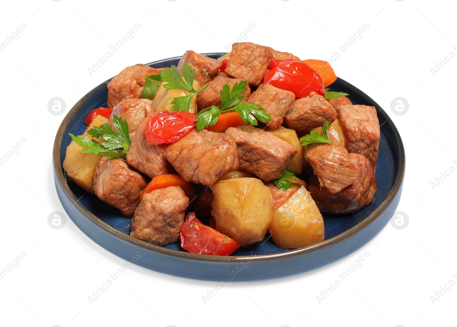 Photo of Plate with delicious goulash isolated on white