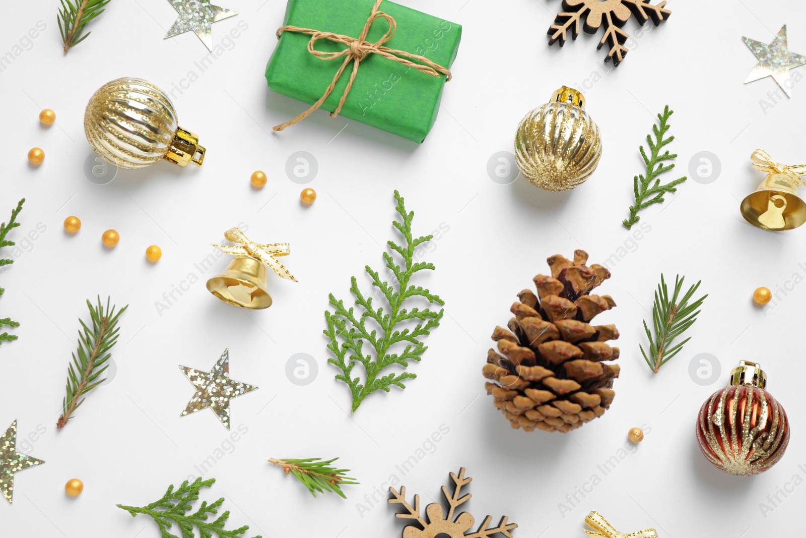 Photo of Flat lay composition with Christmas items on white background