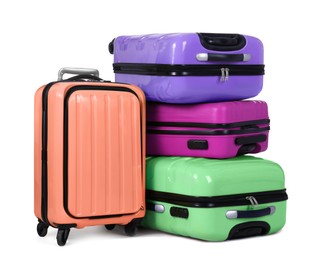 Stylish suitcases packed for travel on white background 