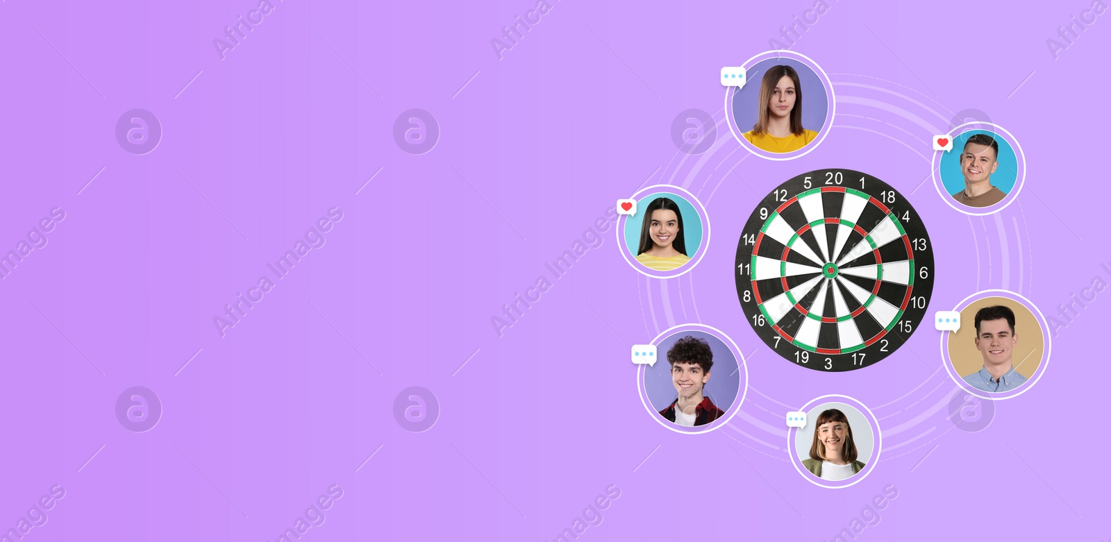 Image of Target audience. Dartboard surrounded by photos of potential clients with icons on violet background, space for text. Banner design