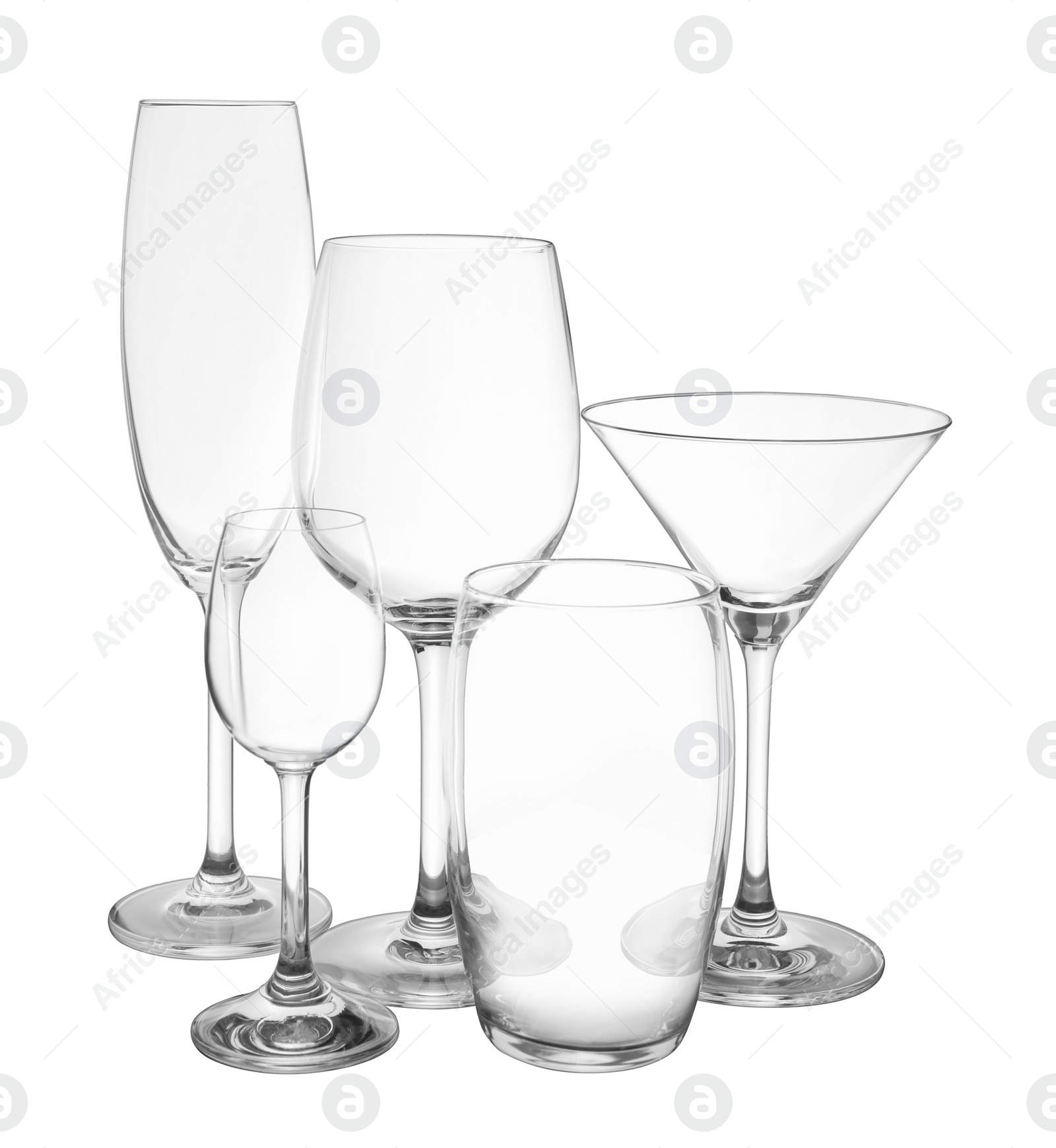 Photo of Group of different glassware isolated on white