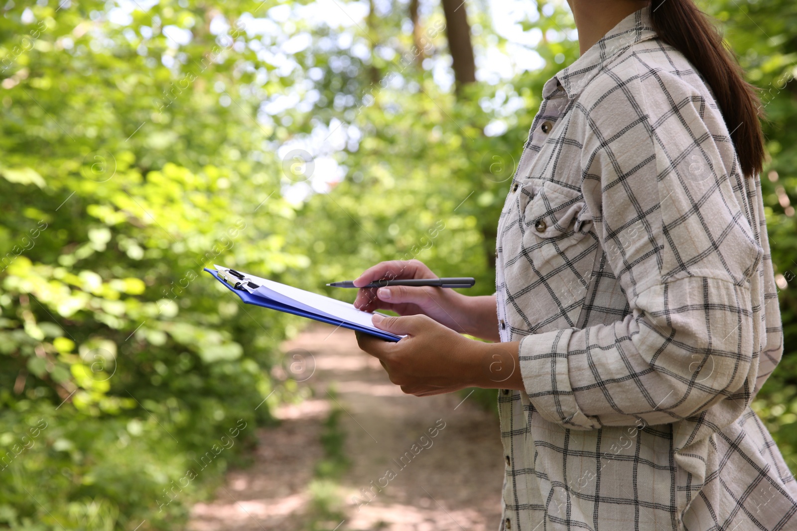 Photo of Forester with clipboard examining plants in forest, closeup