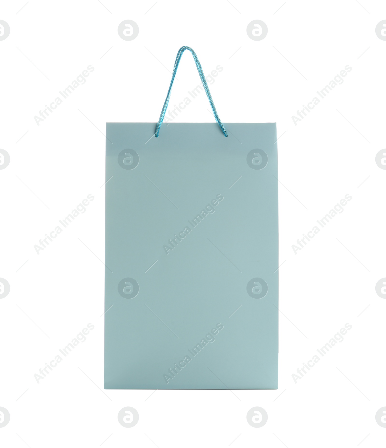 Photo of Light blue paper shopping bag isolated on white