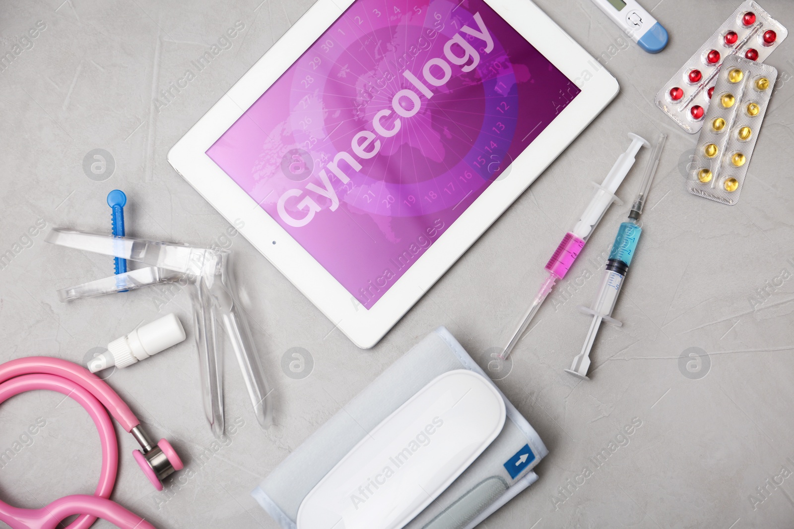 Photo of Flat lay composition with medical objects on grey background