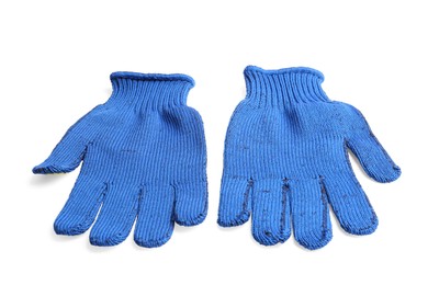 Photo of Pair of blue gardening gloves on white background