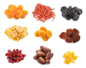 Image of Set with different tasty dried fruits on white background