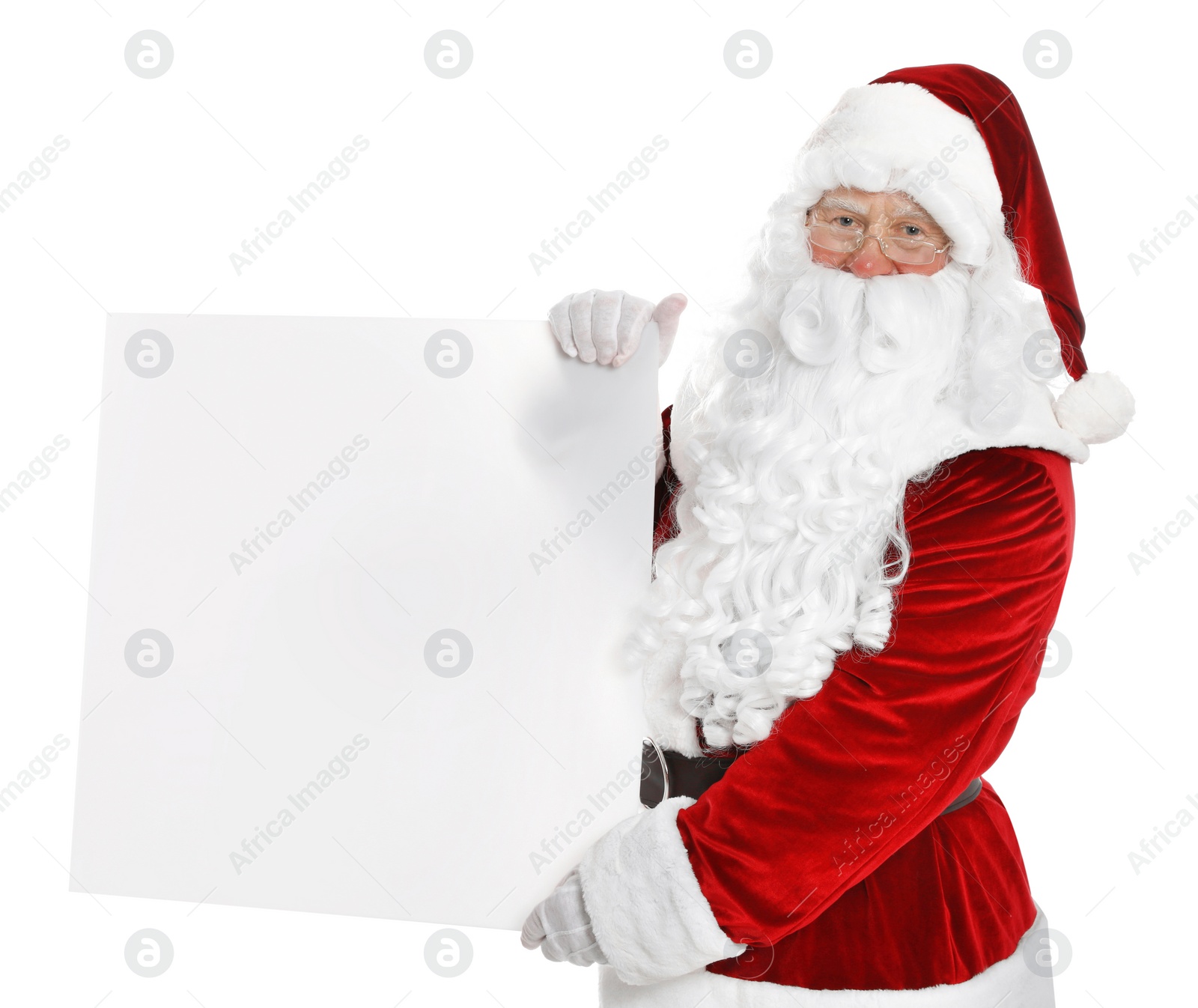 Photo of Happy authentic Santa Claus with blank banner on white background. Space for design