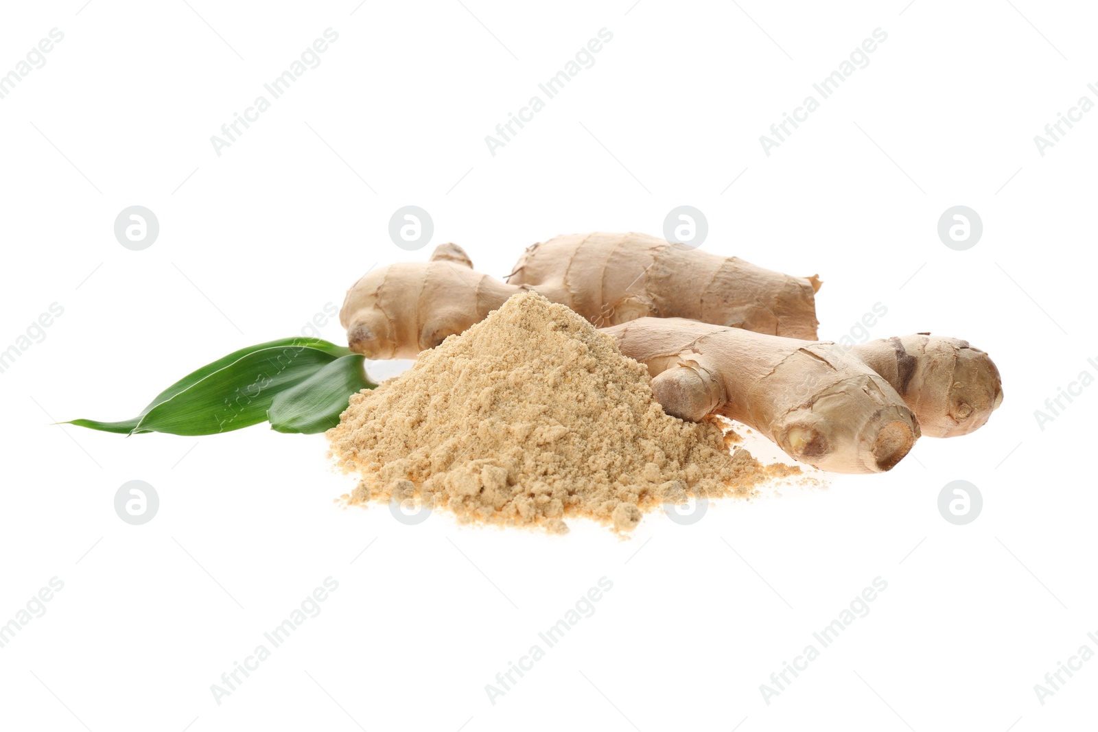 Photo of Dry ginger powder, fresh root and leaves isolated on white