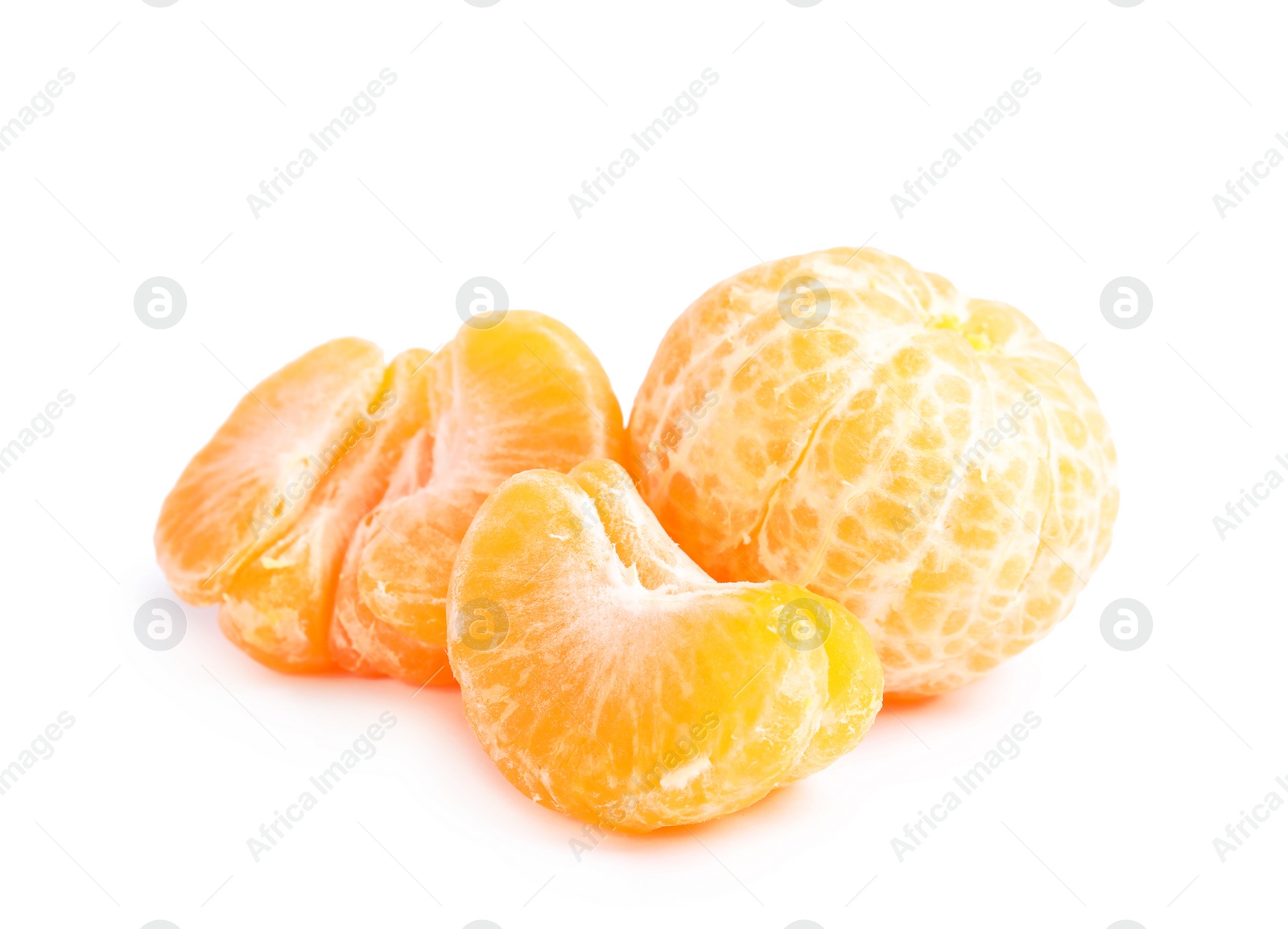 Photo of Peeled ripe tangerines on white background. Citrus fruit