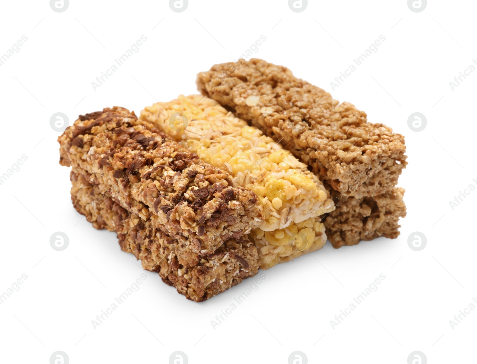 Photo of Different tasty granola bars isolated on white