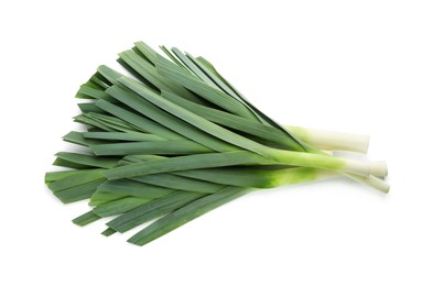 Photo of Fresh raw leeks on white background, top view