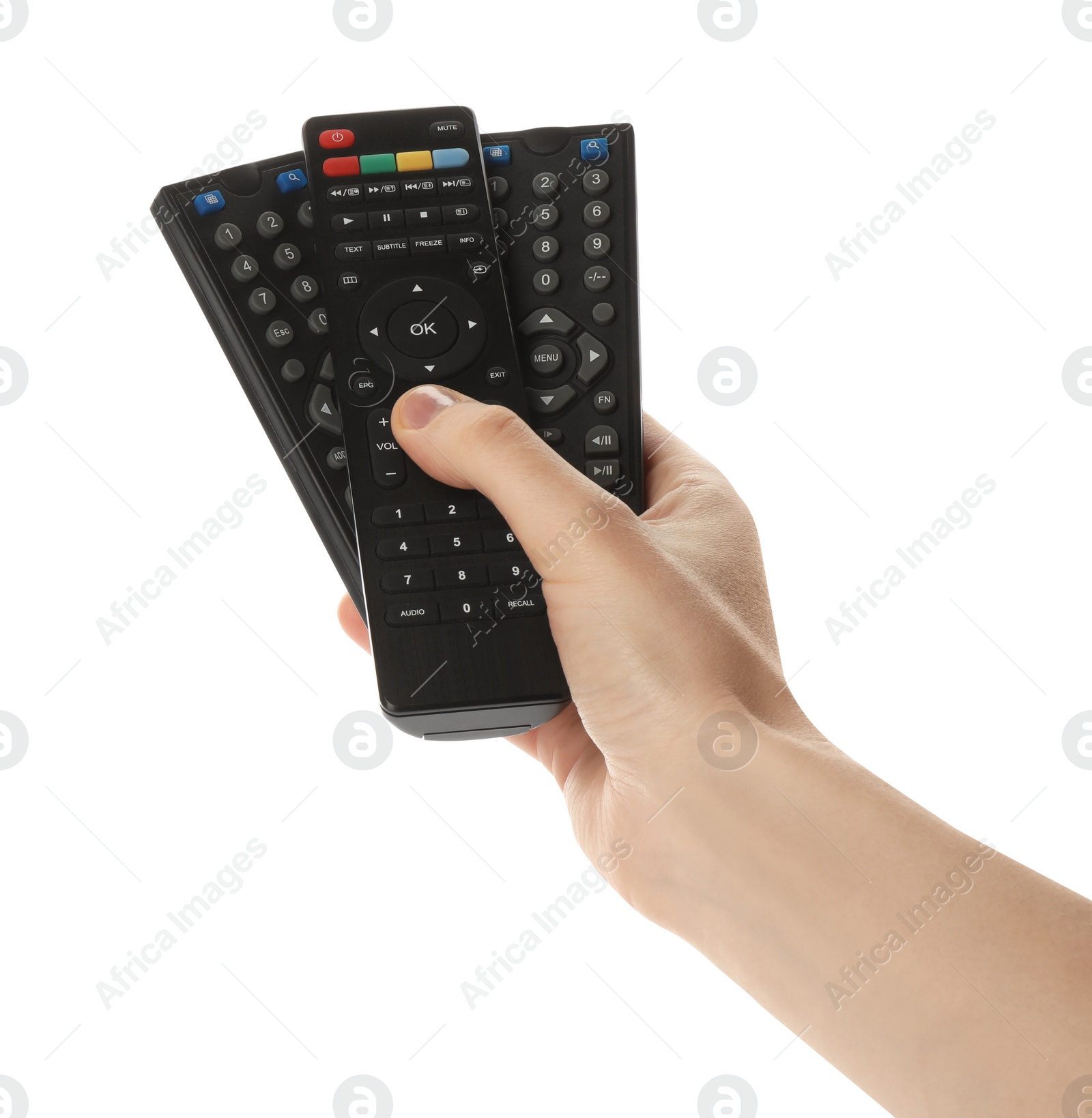 Photo of Woman holding remote controls on white background, closeup