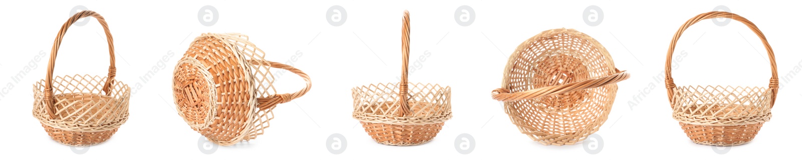 Image of Set with wicker baskets on white background. Banner design