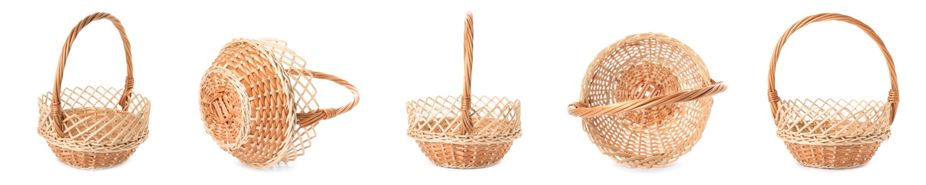 Set with wicker baskets on white background. Banner design