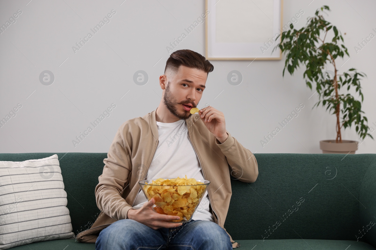 Photo of Handsome young man eating tasty potato chips on sofa at home