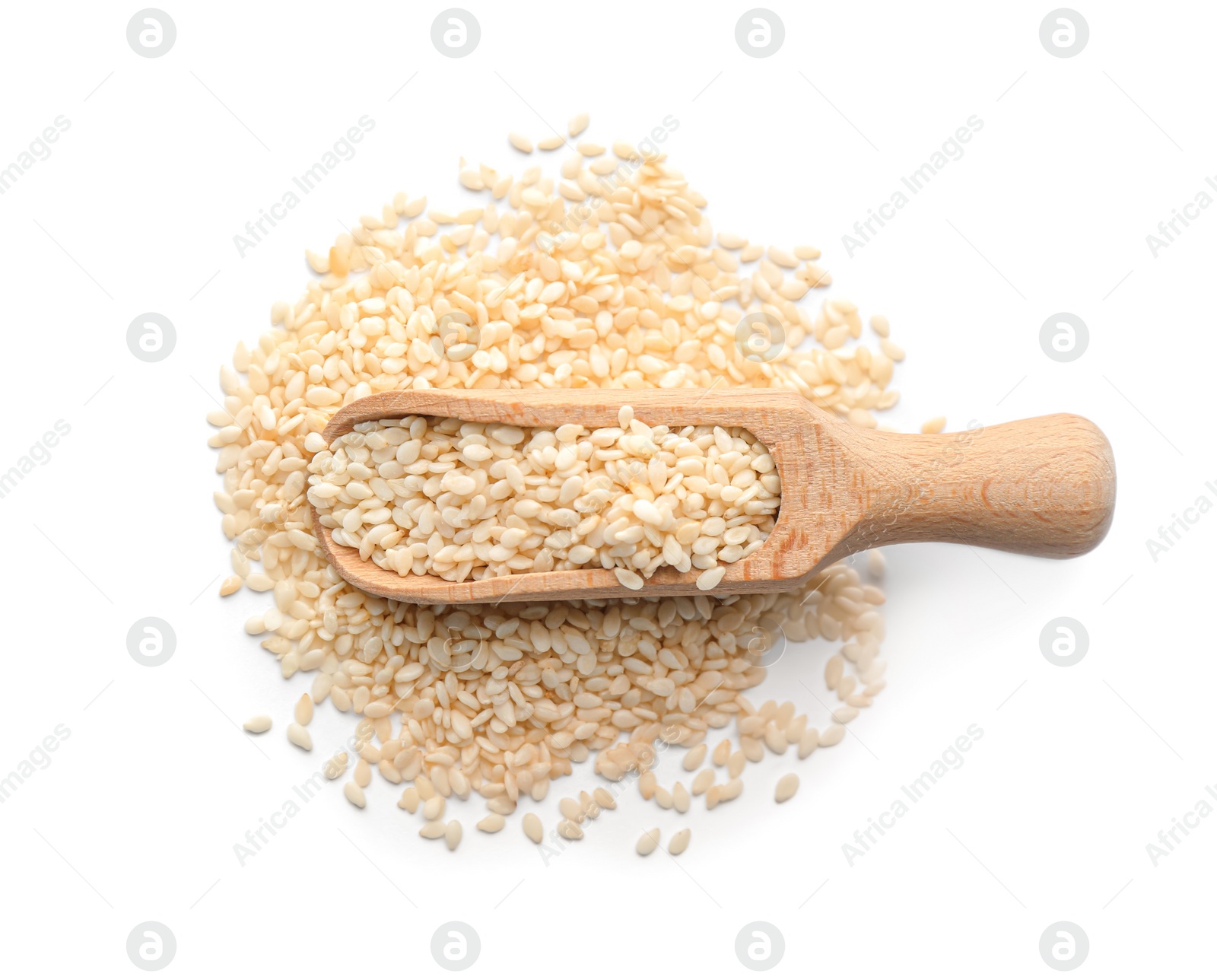 Photo of Wooden scoop with sesame seeds on white background, top view