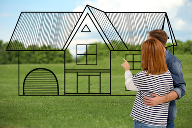 Couple imagining dream house outdoors. Illustration of building