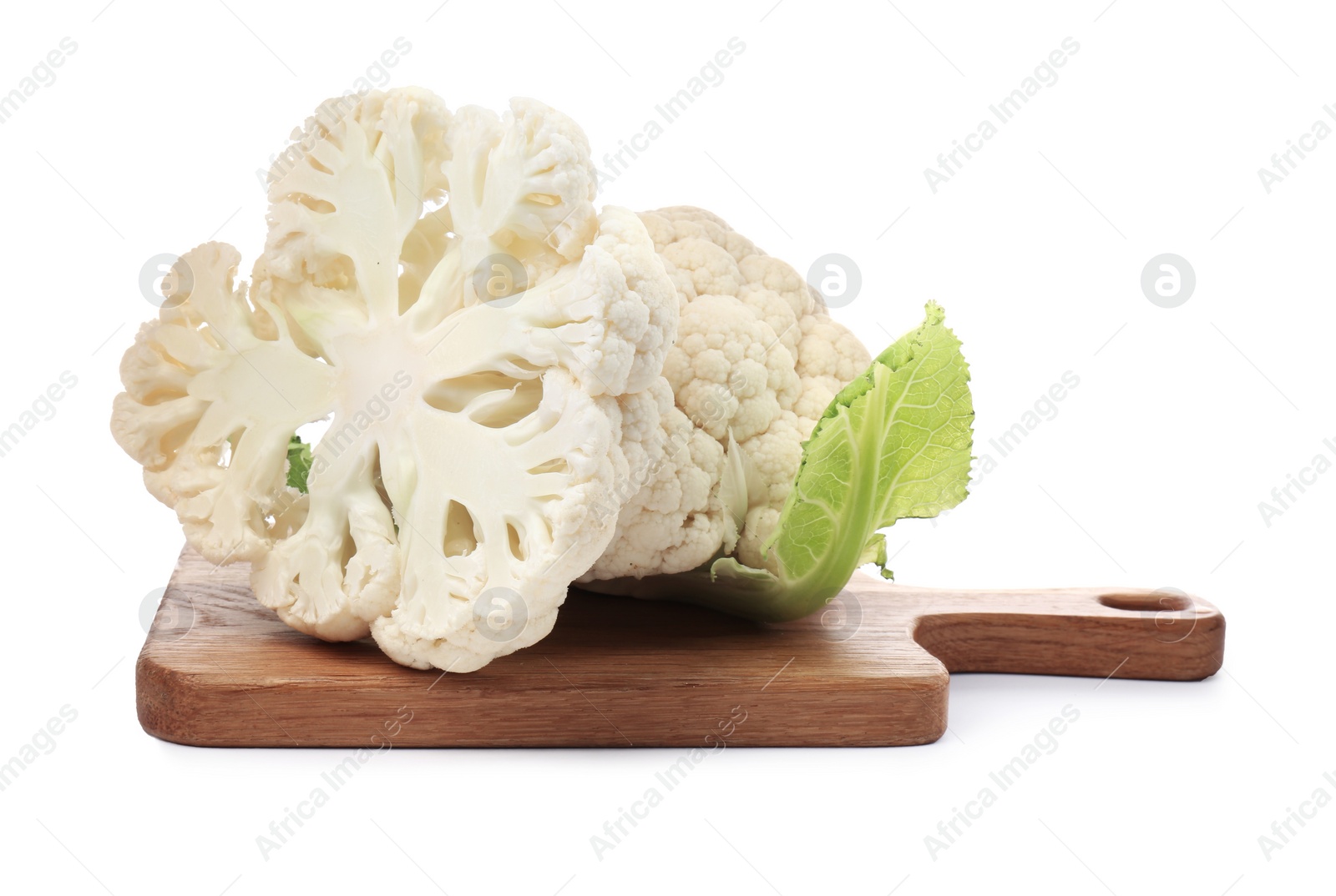 Photo of Wooden board with cut and whole cauliflowers on white background