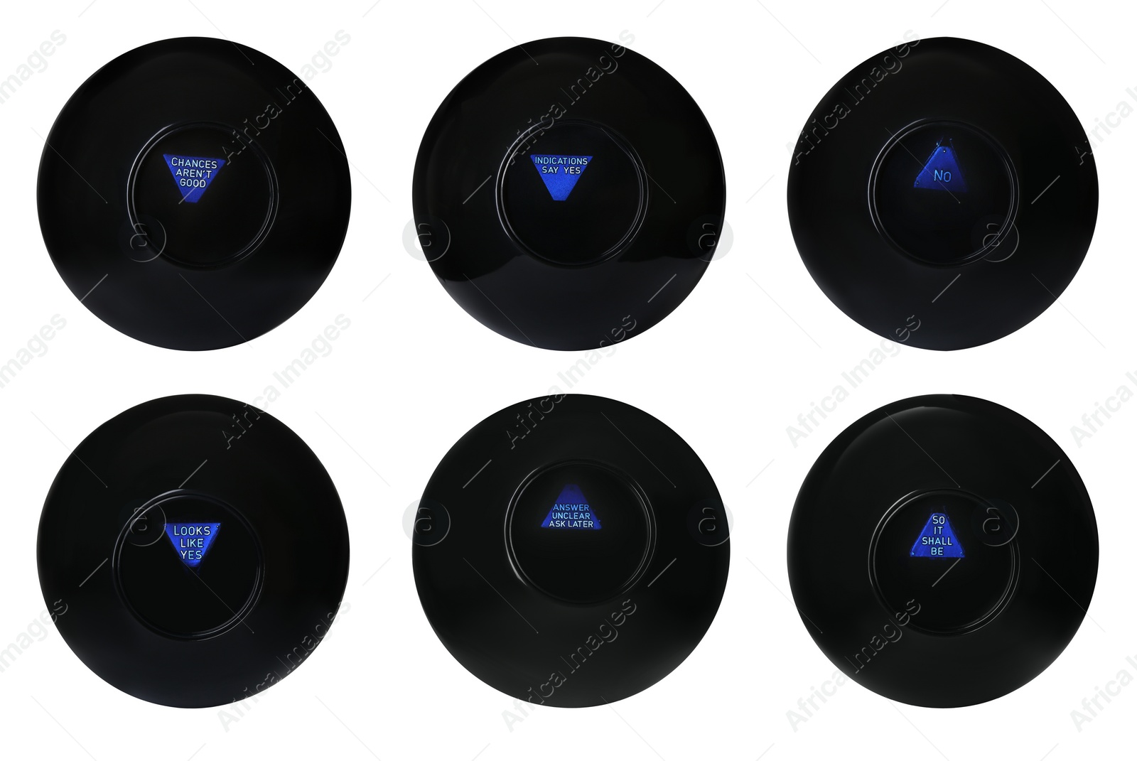 Image of Magic eight ball with different predictions isolated on white, collection