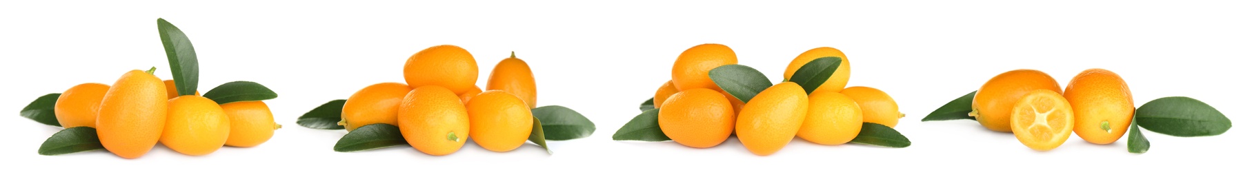 Image of Set with fresh ripe kumquat fruits on white background. Banner design