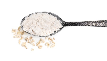 Photo of Spoon of oatmeal flour and flakes on white background, top view