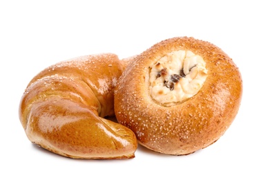 Photo of Different delicious fresh pastries on white background