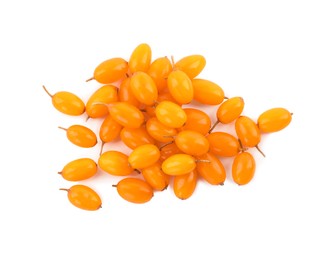 Photo of Fresh ripe sea buckthorn berries on white background, top view