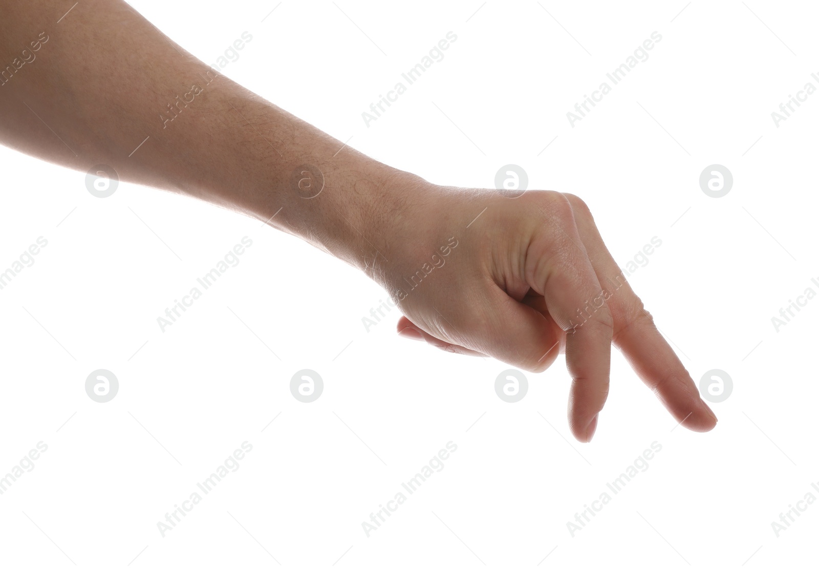 Photo of Man against white background, closeup of hand