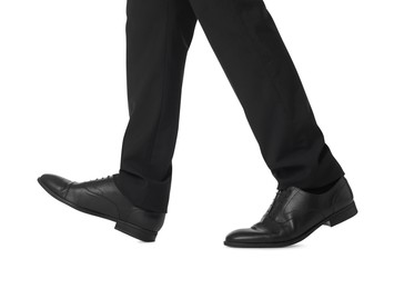 Businessman in leather shoes on white background, closeup