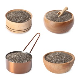 Set with chia seeds on white background 