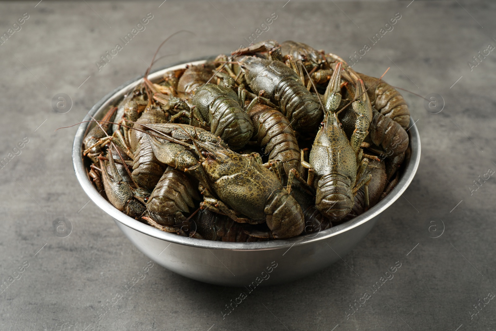 Photo of Fresh raw crayfishes in bowl on grey table