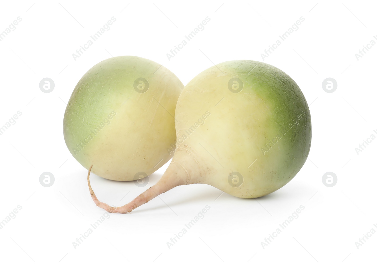 Photo of Whole fresh ripe turnips on white background