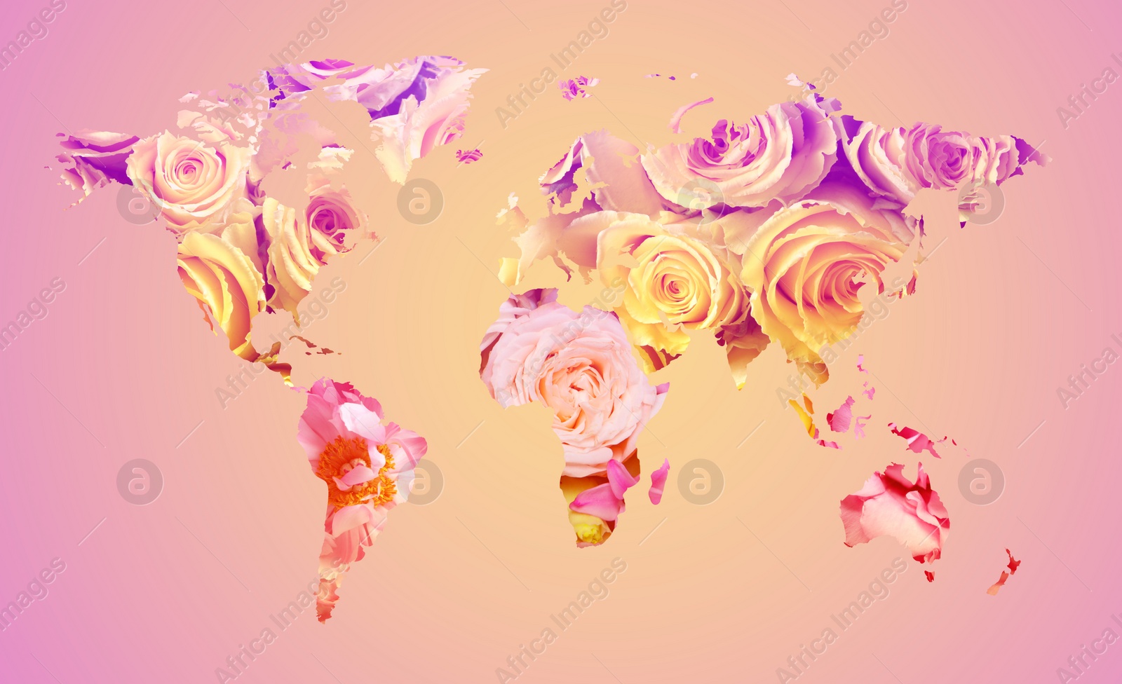 Image of World map made of beautiful flowers on gradient background, banner design