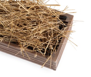 Photo of Dried straw in wooden crate isolated on white, above view