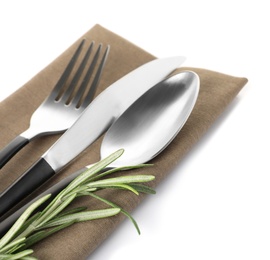 Photo of Cutlery and linen napkin on white background