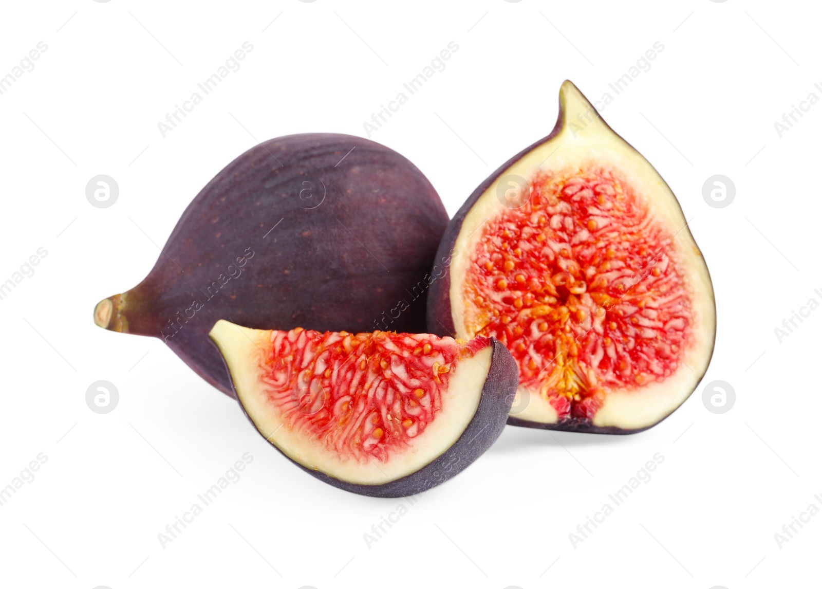 Photo of Cut and whole ripe figs isolated on white