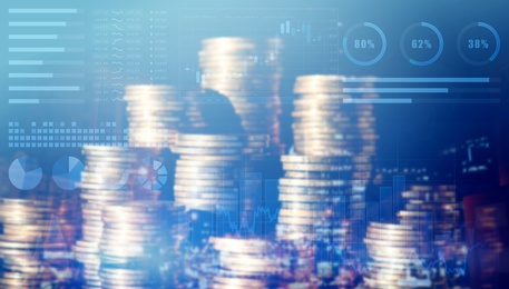 Image of Money exchange. Double exposure with coins and different graphs