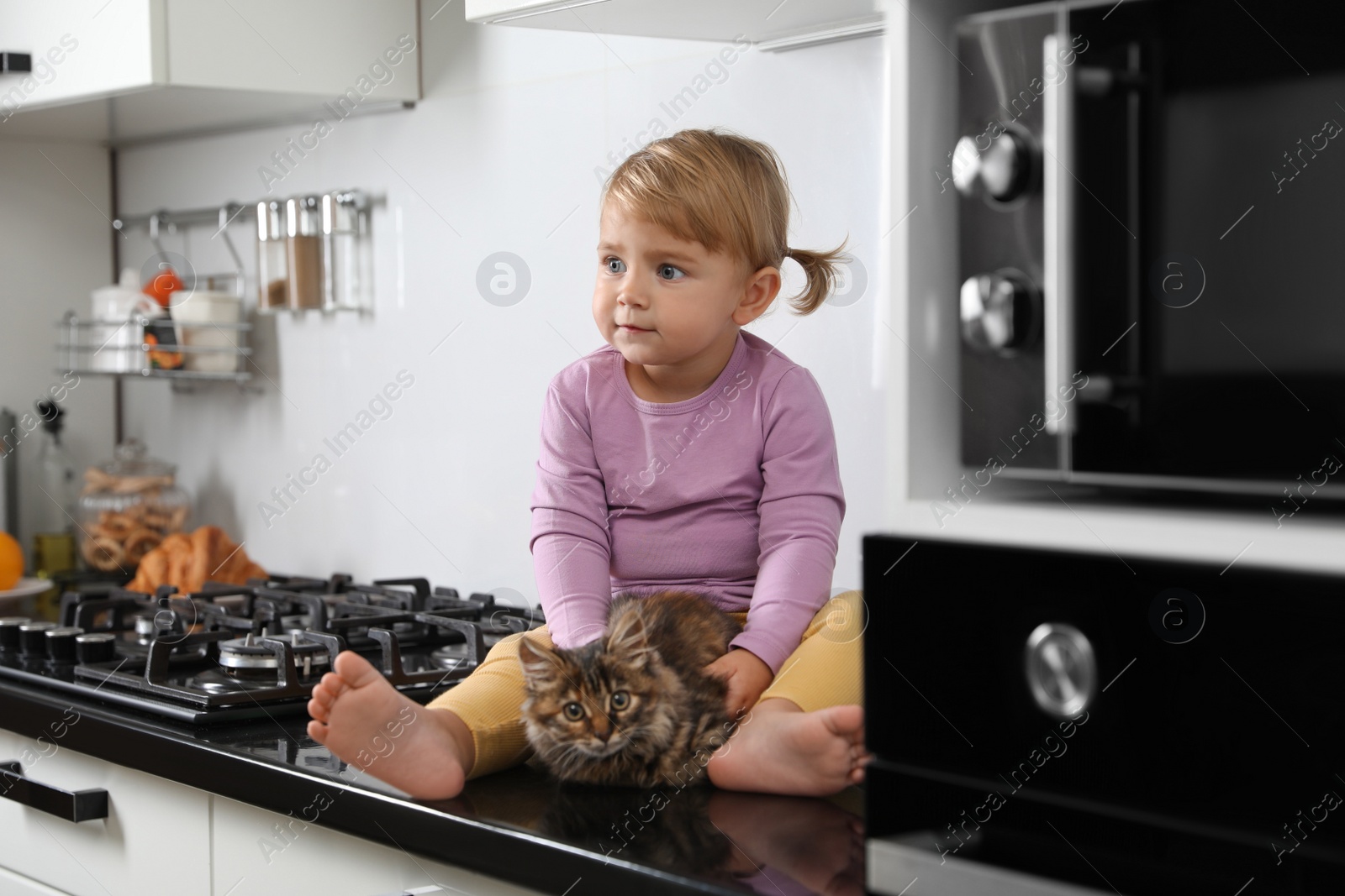 Photo of Cute little child sitting with adorable pet on countertop in kitchen