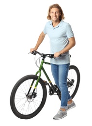 Happy young man with bicycle on white background