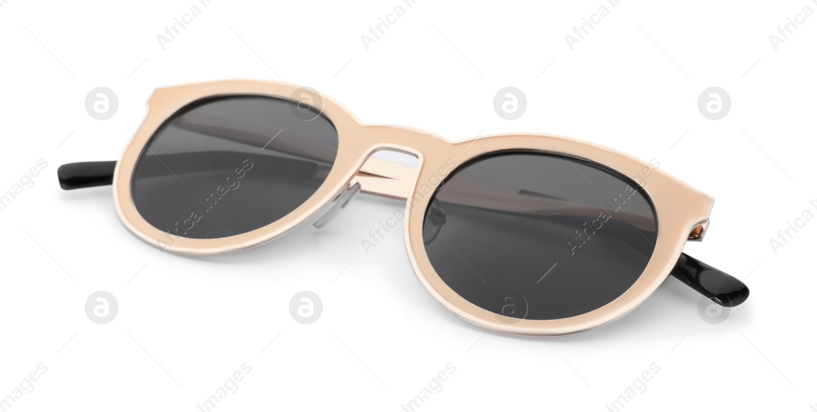 Photo of Beautiful sunglasses on white background. Beach object