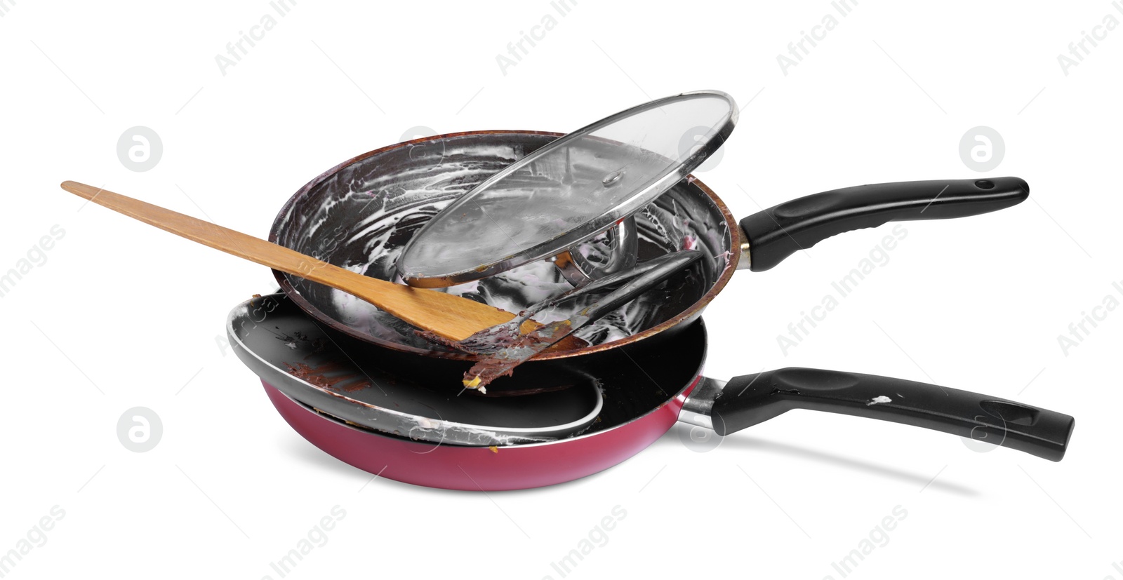 Photo of Stack of dirty kitchenware on white background