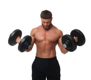 Young bodybuilder exercising with dumbbells on white background